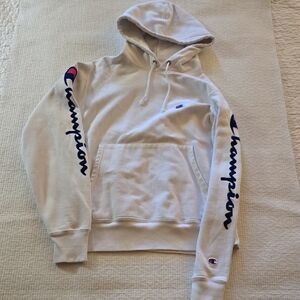Champion Men's Cream Hoodie with Logo Sleeves Reverse Weave M/F Y2k Size Small